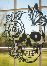 Load image into Gallery viewer, Mori et Vita - Sun catcher - Skull encompassing Black Rose and butterfly