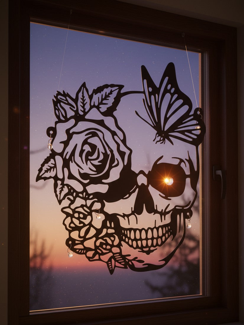 Mori et Vita - Sun catcher - Skull encompassing Black Rose and butterfly