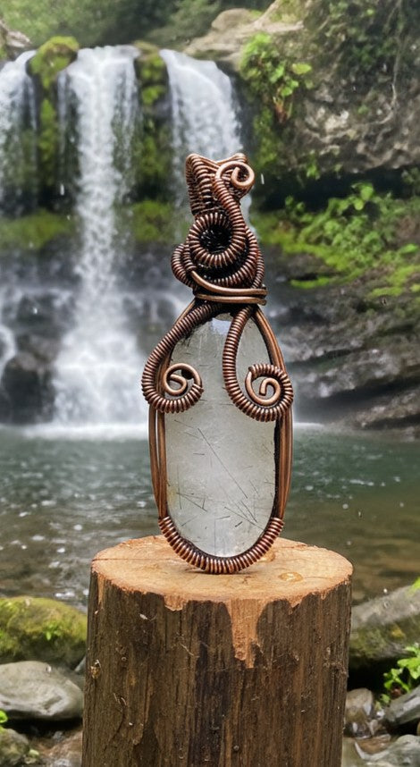 Frozen Storm Pendant - Copper wrapped, Black Rutilated Quartz, Pendant