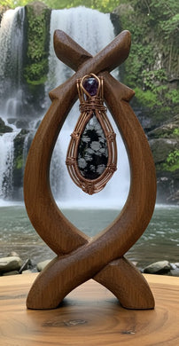 The Ward of Stillness - Copper wrapped, Snowflake obsidian & Amethyst, Pendant