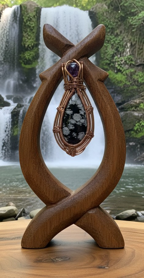 The Ward of Stillness - Copper wrapped, Snowflake obsidian & Amethyst, Pendant