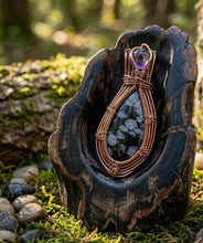 Load image into Gallery viewer, The Ward of Stillness - Copper wrapped, Snowflake obsidian &amp; Amethyst, Pendant