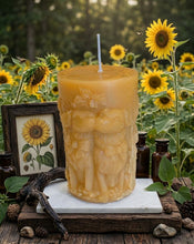 Load image into Gallery viewer, Golden Devotion: Dogs &amp; Sunflowers Organic Beeswax Pillar  Candle