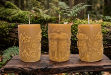 Load image into Gallery viewer, Golden Devotion: Dogs &amp; Sunflowers Organic Beeswax Pillar  Candle