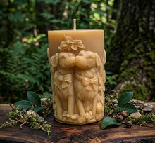 Load image into Gallery viewer, Golden Devotion: Dogs &amp; Sunflowers Organic Beeswax Pillar  Candle