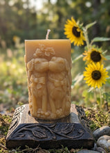 Load image into Gallery viewer, Golden Devotion: Dogs &amp; Sunflowers Organic Beeswax Pillar  Candle