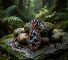 Load image into Gallery viewer, The Quiet Sovereign - Copper wrapped, Snowflake obsidian &amp; Amethyst - Necklace