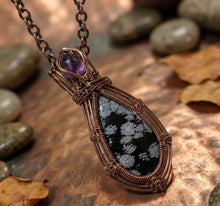 Load image into Gallery viewer, The Quiet Sovereign - Copper wrapped, Snowflake obsidian &amp; Amethyst - Necklace