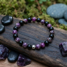 Load image into Gallery viewer, The Shadow and The Stillness - Bracelet - Purple sea sediment Jasper - Black Obsidian