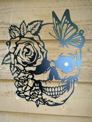 Sun catcher - Skull encompassing Black Rose and butterfly