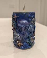 Load image into Gallery viewer, Midnight Tide Meditation - Candle - Jellyfish - Starfish - Raven Stone