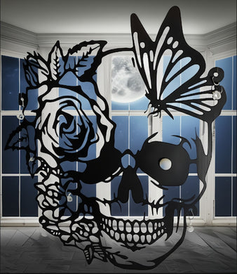 Sun catcher - Skull encompassing Black Rose and butterfly