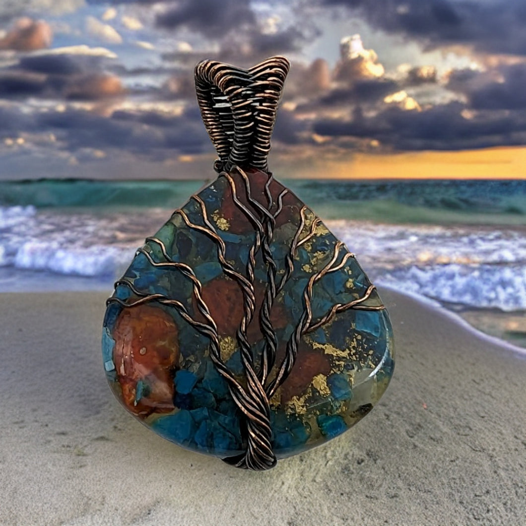 Tree of life, copper wrapped Oyster  - Pendant