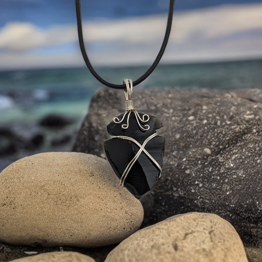 Black Obsidian & Amber Necklace, Adjustable Black Cord, Arrowhead Design |  GemzAustralia