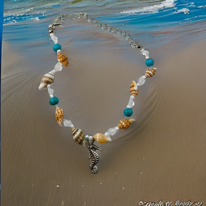 Seahorse shell with Tibetan turquoise, Anklet