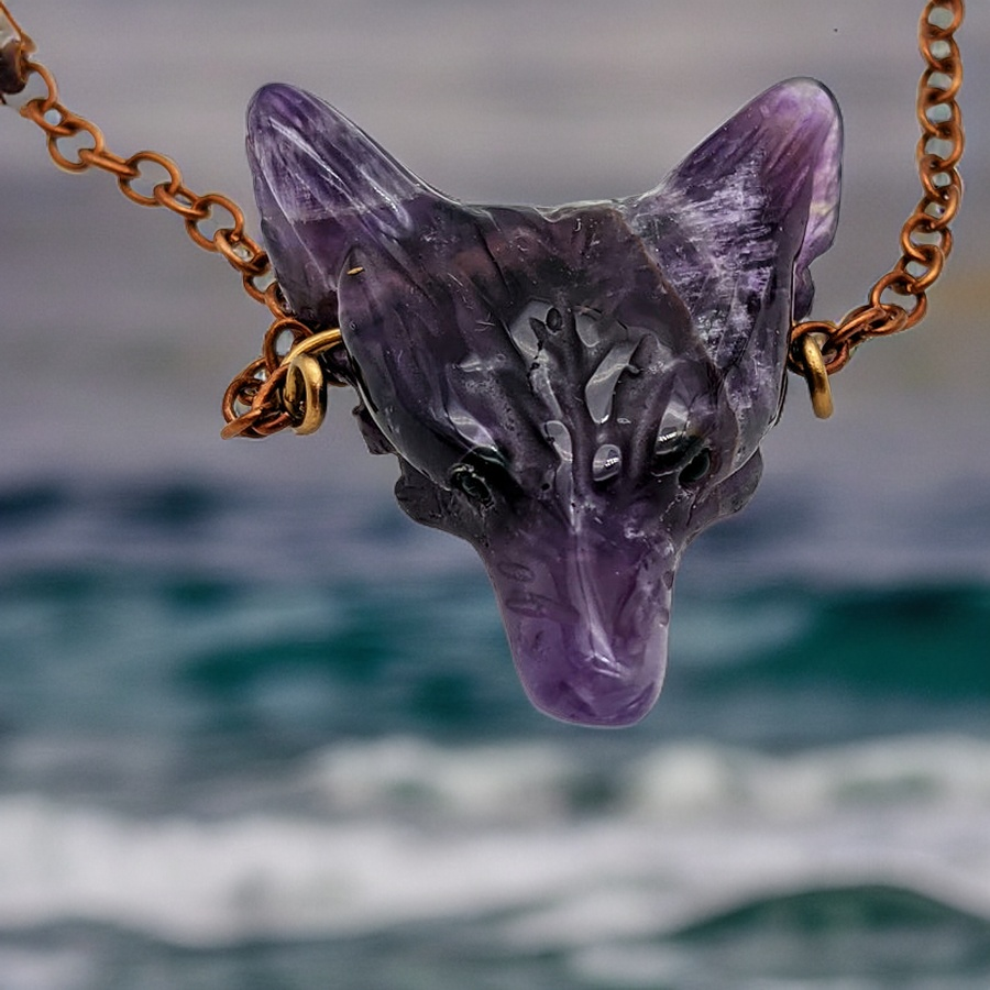 Amethyst Wolf, Copper Necklace- Echo of a Stone