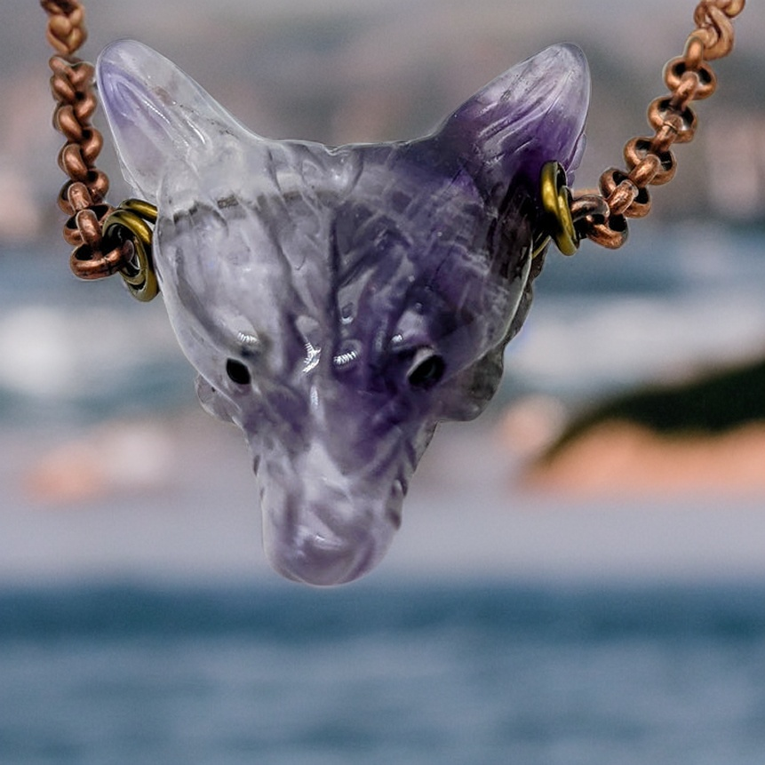 Amethyst Wolf, Copper Necklace.