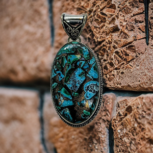 Malachite, Chrysocolla & Copper, 925 Sterling Silver, 1.5" Pendant