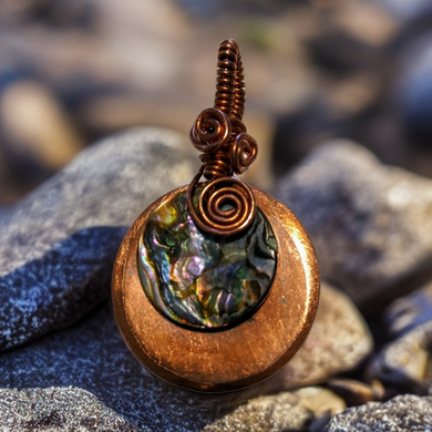 Abalone shell on Copper pendant with chain.