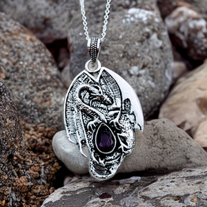 925 Sterling Silver, Dragon with Amethyst, Pendant