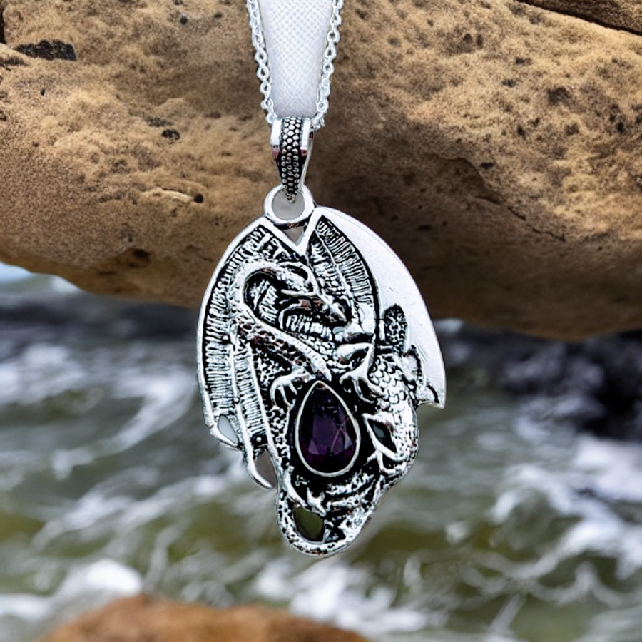 925 Sterling Silver, Dragon with Amethyst, Pendant