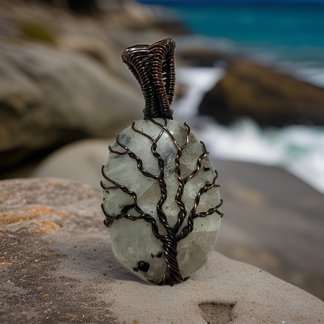 Tree of life, Copper wrapped, Moonstone, Pendant