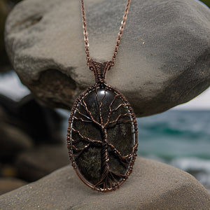 Copper wrapped, Tree of life, Gold sheen obsidian, Necklace