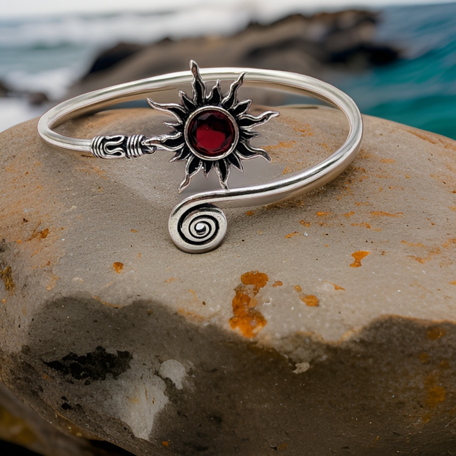 925 Sterling Silver,Sun with Garnet, Cuff Bracelet.