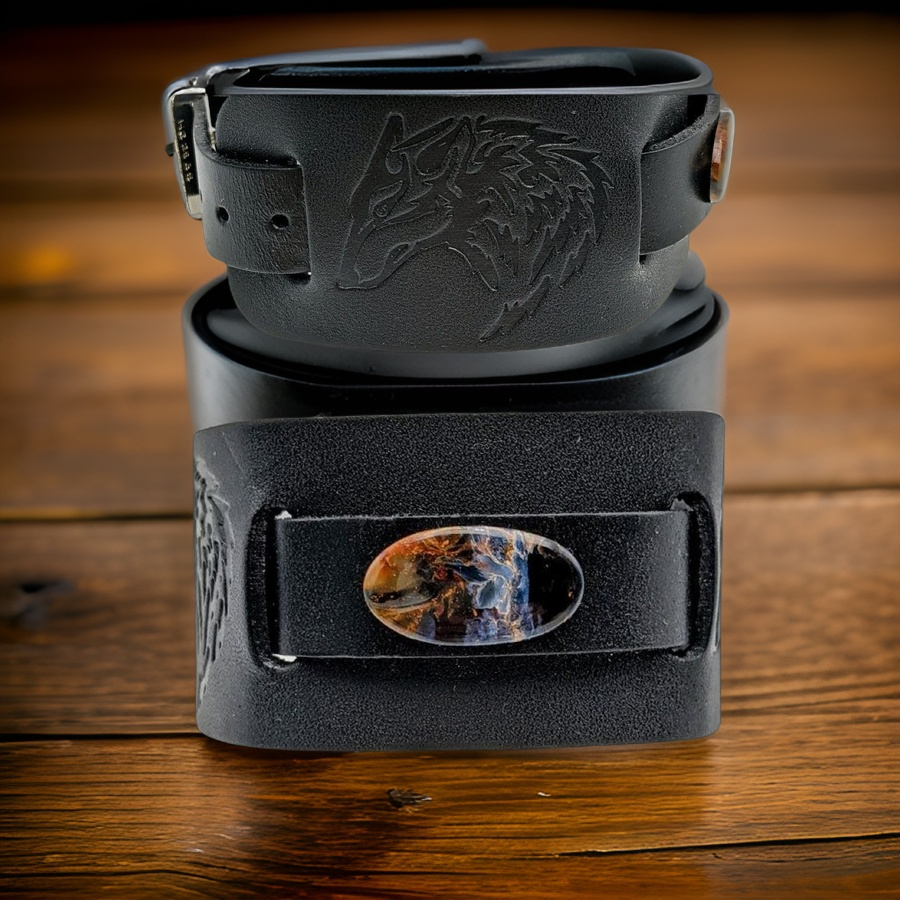 Pietersite on Wolf  Leather Bracelet