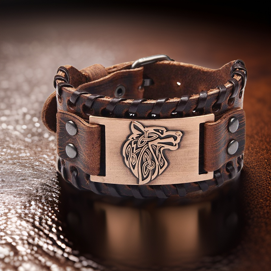 Brown Leather Wolf Bracelet