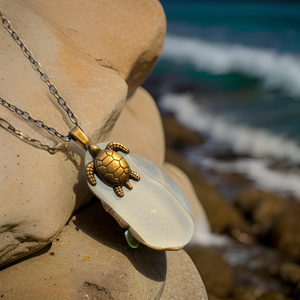 Sea Glass, Turtle charm, Necklace