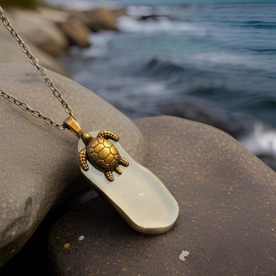 Sea Glass, Turtle charm, Necklace