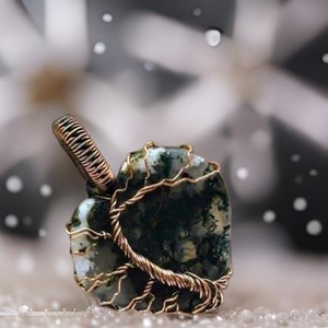 Copper Wrapped, Wind swept tree of life, Green Moss Agate, Pendant