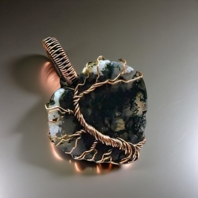 Copper Wrapped, Tree of life, Green Moss Agate, Pendant