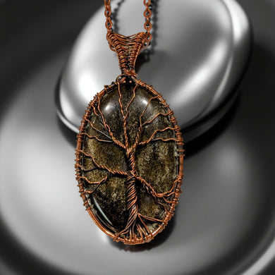 Copper wrapped, Tree of life, Gold sheen obsidian, Necklace