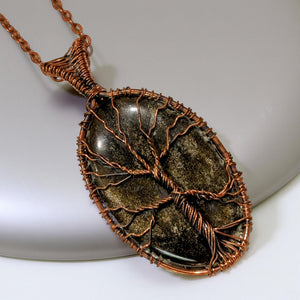 Copper wrapped, Tree of life, Gold sheen obsidian, Necklace