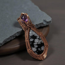Load image into Gallery viewer, Copper wrapped, Snowflake obsidian &amp; Amethyst, Pendant