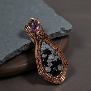 Copper wrapped, Snowflake obsidian & Amethyst, Pendant