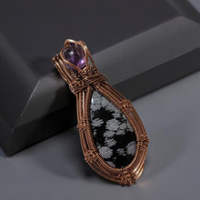 Load image into Gallery viewer, Copper wrapped, Snowflake obsidian &amp; Amethyst, Pendant
