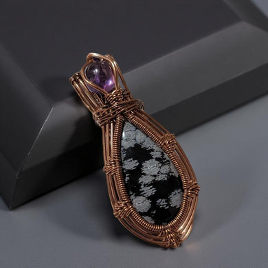 Copper wrapped, Snowflake obsidian & Amethyst, Pendant