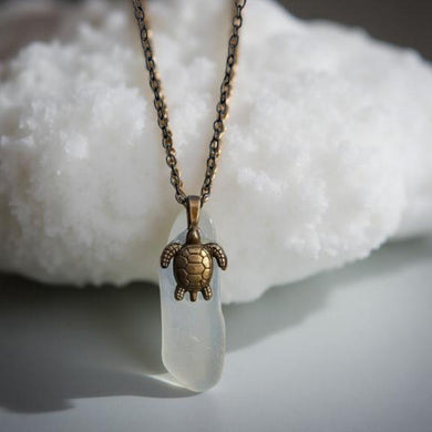 Sea Glass, Turtle charm, Necklace