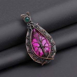 Copper wrapped, Tree of Life,Pink Topaz & Green Onyx