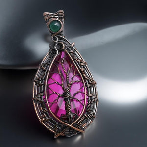 Copper wrapped, Tree of Life,Pink Topaz & Green Onyx