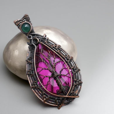 Copper wrapped, Tree of Life,Pink Topaz & Green Onyx