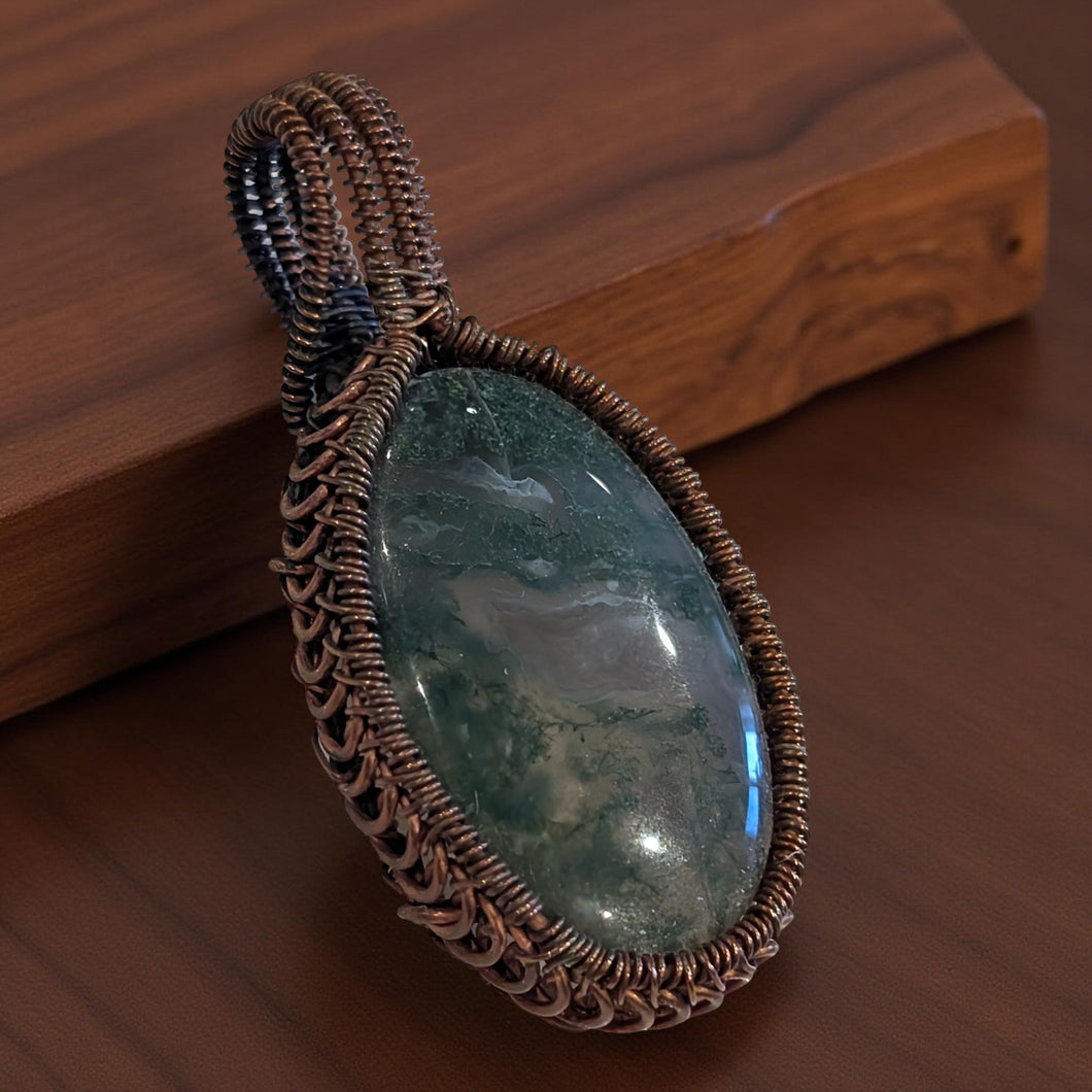 Copper wrapped - Pendant - Green Moss Agate