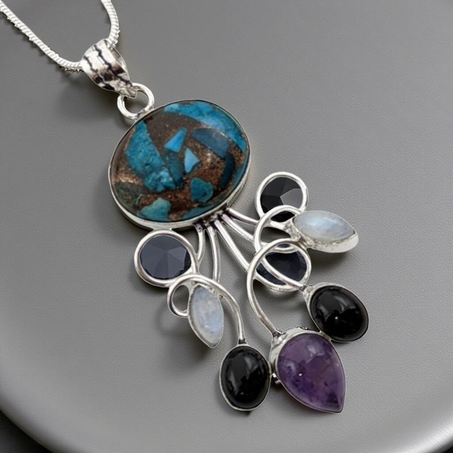 Turquoise mixed Copper, Moonstone, Amethyst & Onyx, Necklace