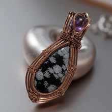 Load image into Gallery viewer, The Ward of Stillness - Copper wrapped, Snowflake obsidian &amp; Amethyst, Pendant