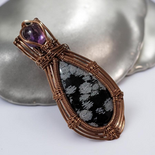 Load image into Gallery viewer, The Ward of Stillness - Copper wrapped, Snowflake obsidian &amp; Amethyst, Pendant