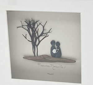 Mom, Dad & Baby Precious moment, Shadow box ,  - Beach Pebbles art local pick up