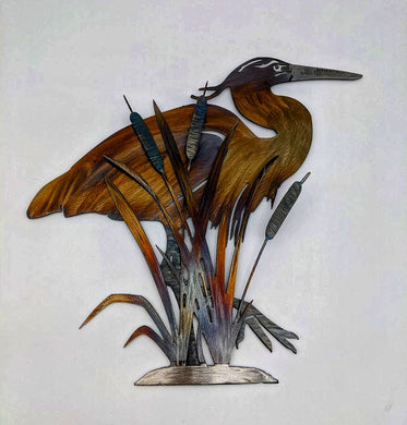 Heron in Reeds Metal Art